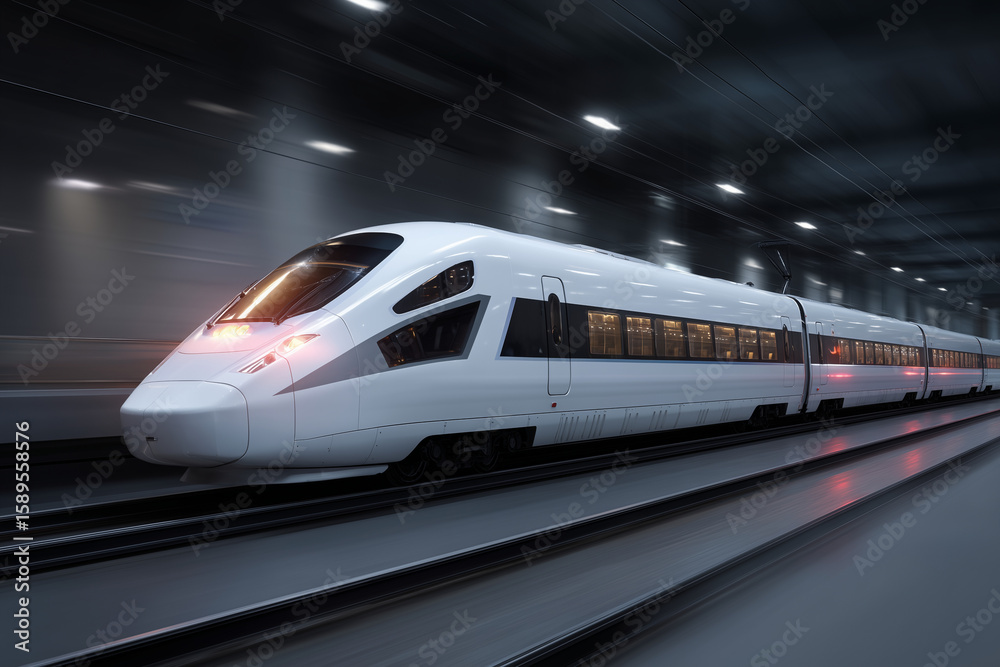 Naklejka premium Sleek modern white high-speed train traveling rapidly through an illuminated underground tunnel