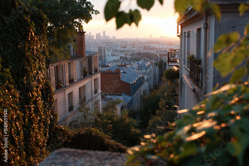 Fototapeta Naklejka Na Ścianę i Meble -  Scenic sunset view over Paris rooftops with lush greenery and classic architecture in a quiet urban neighborhood