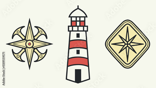 Nautical compass and lighthouse icons maritime travel