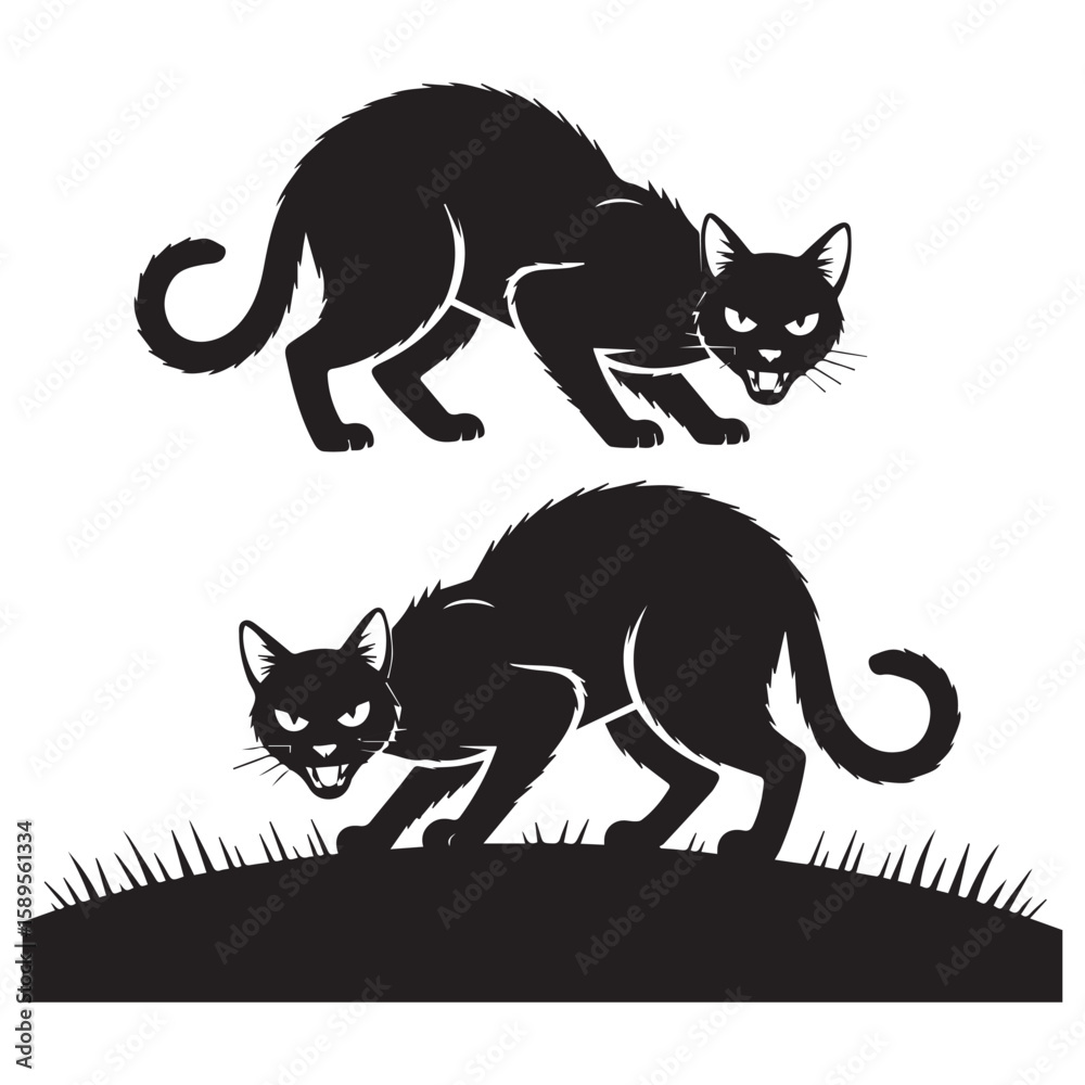 Obraz premium Two menacing black cats with sharp teeth and glowing eyes crouch low on a grassy hill in a stylized silhouette design