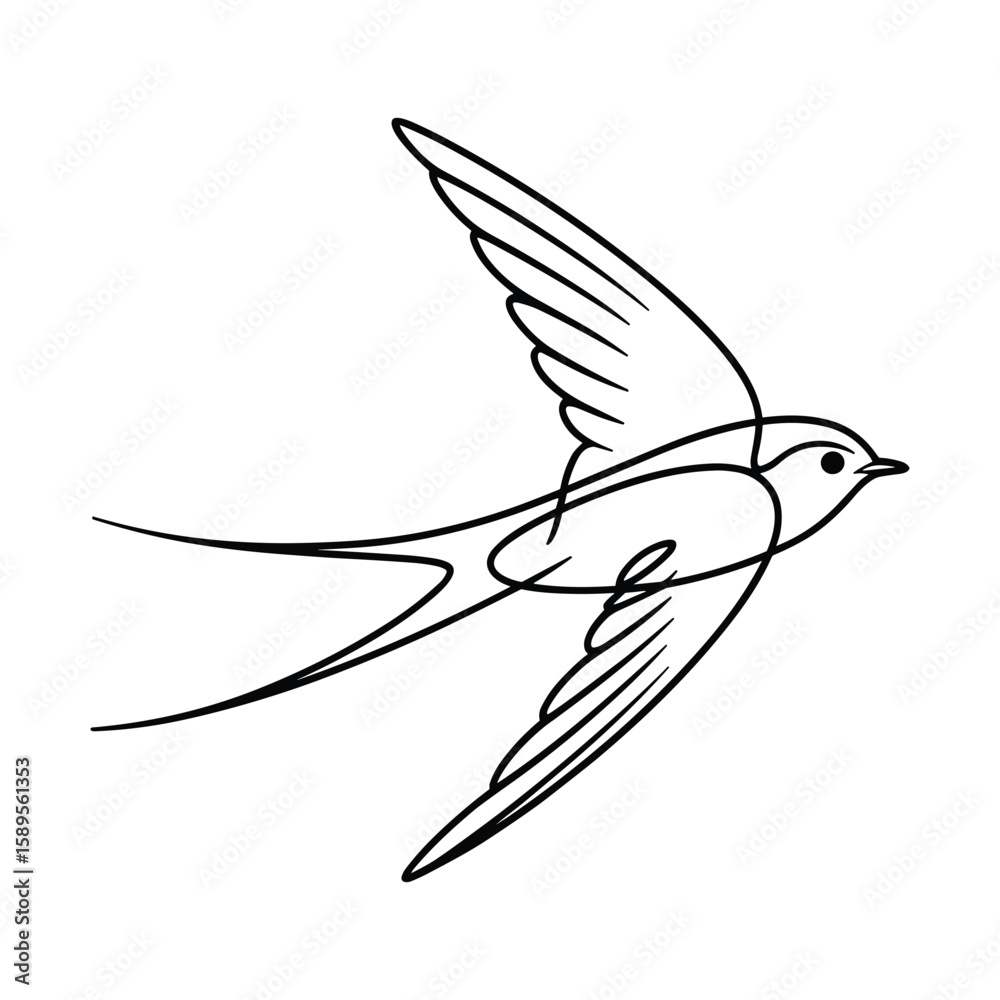 Fototapeta premium Elegant black line art swallow in flight bird flying