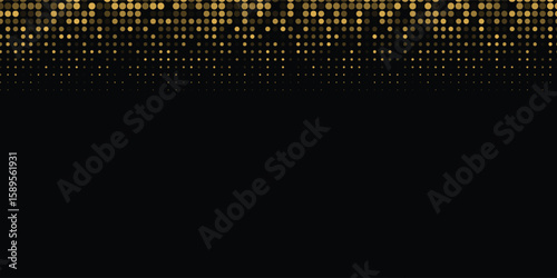 Abstract luxury banner with golden glittering dots on black background. Sparkling glitter bottom border, vector frame. Halftone effect. Magical gold dust. Pop art style backdrop.