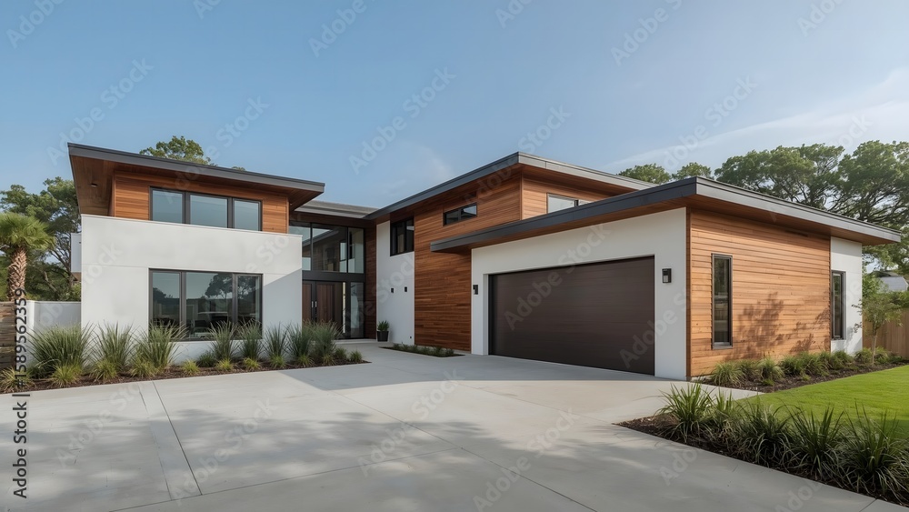 Fototapeta premium Contemporary Residential Architecture with Clean Lines and Neutral Tones | Modern Home Design in Natural Daylight