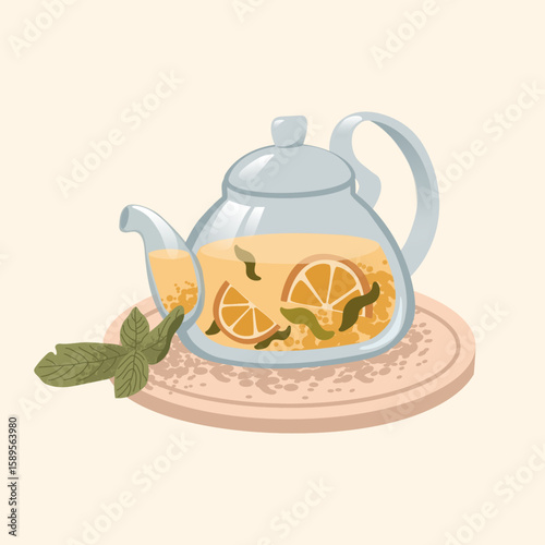 Vector illustration of glass teapot with lemon balm tea and lemon slices. Perfect for cafe menus, tea shop branding, packaging design, kitchen decor, or culinary projects.