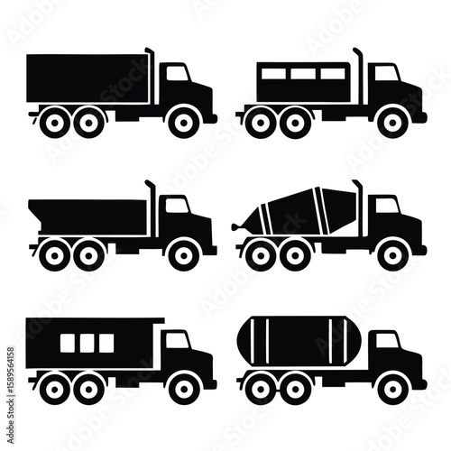 Collection of six black silhouette truck icons including dump truck cement mixer and tanker lorry