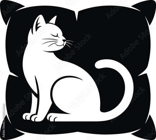 Cat silhouette snuggling into throw pillow vector illustration in black and white, isolated on white background