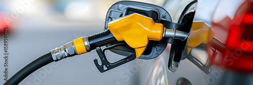 Refueling: A yellow and black pump filling a vehicle's tank, representing the action of refueling, energy consumption, and transportation needs.