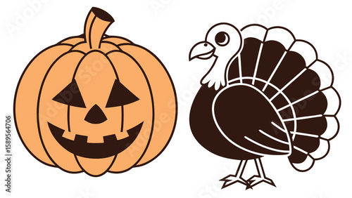 Orange pumpkin carved with dark face next to brown turkey halloween jack o lantern