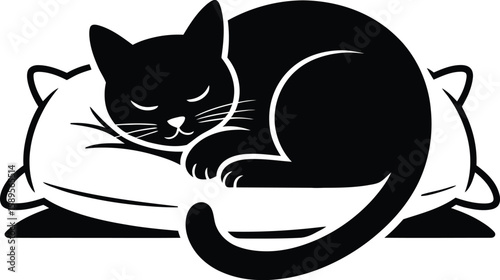 Cat sleeping curled on pillow silhouette vector illustration in black and white, isolated on white background