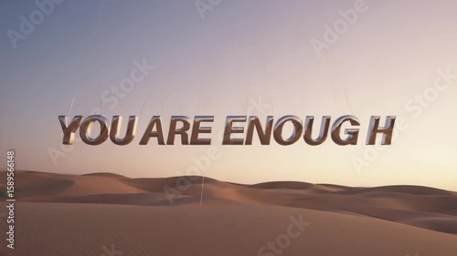A serene desert landscape with soft sand dunes under a pastel sky. The phrase 'YOU ARE ENOUGH' is prominently displayed in 3D text.