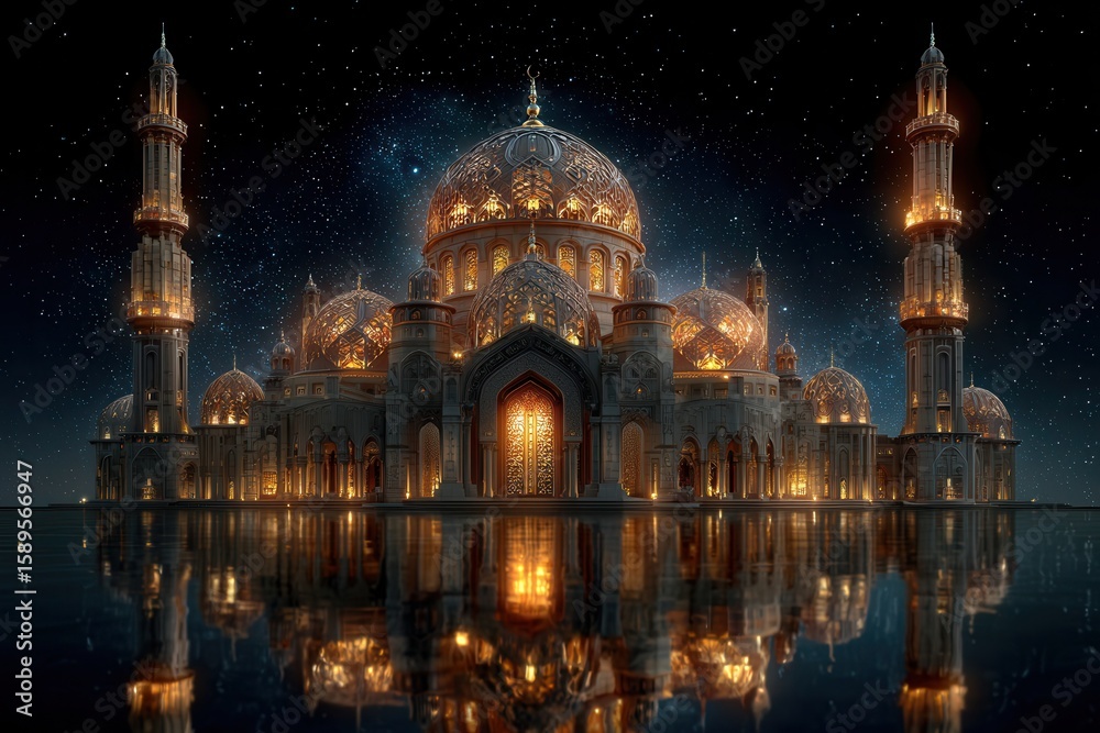 Fototapeta premium Golden mosque illuminated under a starry night sky, reflecting in the water creates a beautiful scene of religious architecture.