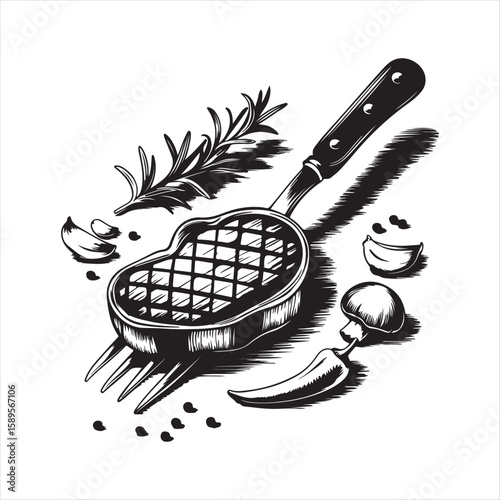 A vector illustration of A steak piece caught on a fork in realistic style illustration