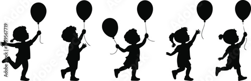 Children silhouettes holding balloons in various playful poses vector set, bundle, vector, isolated on white background, cutout, png, clipping path, transparent, image, download, 2025,2026