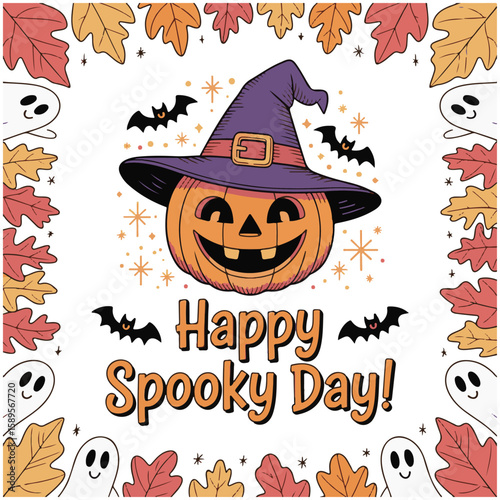 Spooky Halloween night with a scary pumpkin, bats, and moon, perfect for an autumn holiday celebration card design.