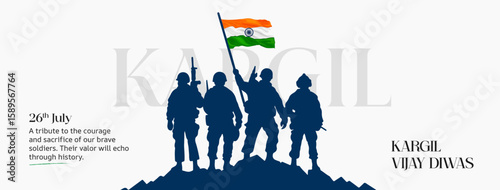 Powerful tribute artwork for Kargil Vijay Diwas featuring brave soldiers, Indian flag, and patriotic symbolism. Ideal for social media posts honoring India's military valor on 26th July