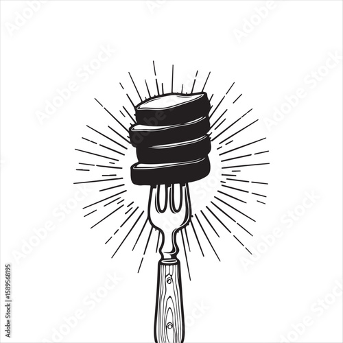 A steak piece caught on a fork in realistic style illustration