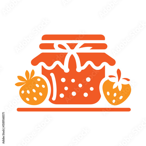 Delightful graphic featuring strawberry jam in a jar, accented by fresh strawberries, perfect for labels and food-related designs.