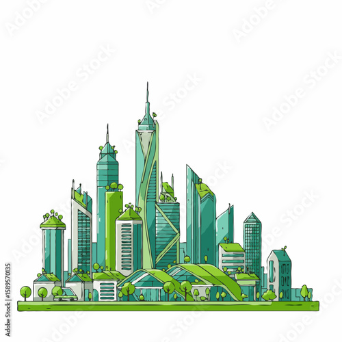 Flat line art eco-friendly city illustration in green and white for urban sustainability with copy space.