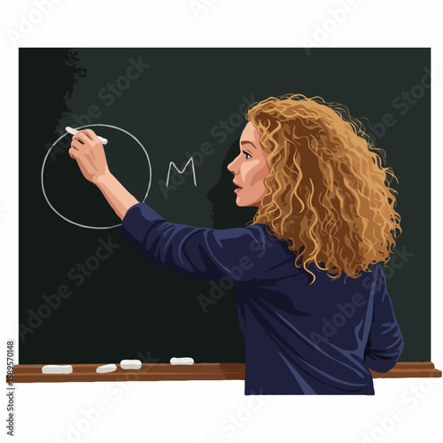 A female teacher focused on writing on a chalkboard representing education with copy space.