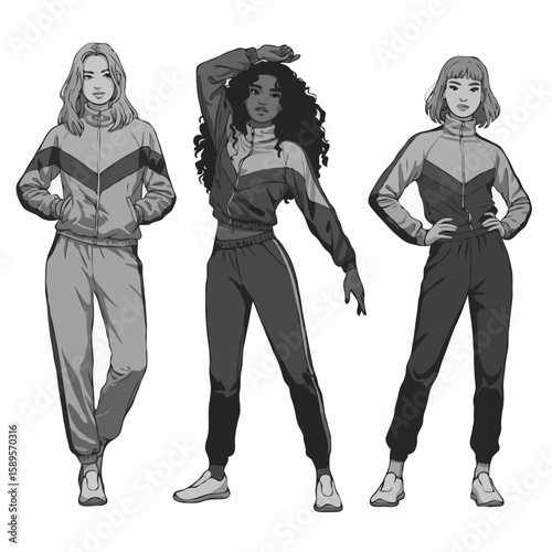  Three diverse women confidently posing in casual tracksuits against a white background.