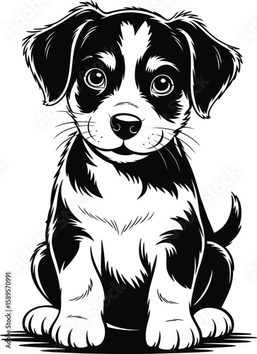 Charming puppy in black and white vector illustration, isolated on white background