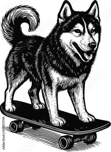 Siberian husky on skateboard vector black silhouette print design