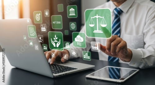 Business professional interacting with digital icons representing sustainability and esg