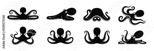 Black octopuses with curled tentacles and suction cups displayed in various poses cephalopod marine set, bundle, vector, isolated on white background, cutout, png, clipping path, transparent, image