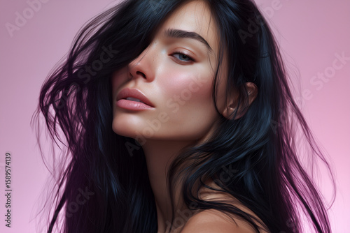 Close-up portrait of a young woman with flowing dark hair and natural makeup against a soft pink background