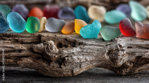Colorful glass beads on driftwood