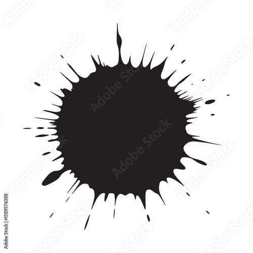 Dramatic Black Ink Splatter Design Bold Circular Shape with Sharp Extensions on a Clean White Backdrop for Graphic Elements