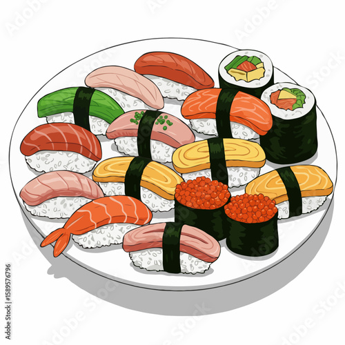 Realistic vibrant sushi assortment platter in various colors for Japanese cuisine with copy space.