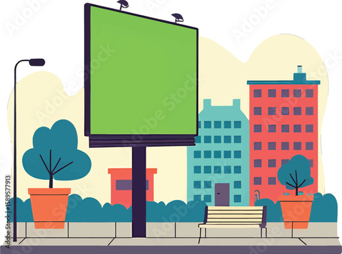 Urban Green Screen vector: A cartoon city street with buildings and a road to the skyline, featuring a billboard