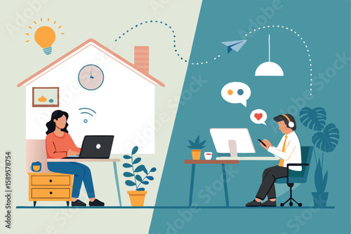 Working from home remote team work online office communication technology distance connection digital nomad virtual