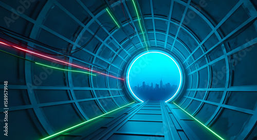 A futuristic tunnel with neon lights leading to a city skyline at the end of the tunnel view