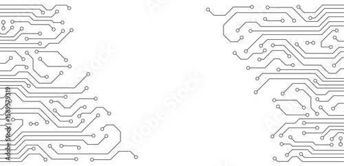 Flat microelectronics circuit board banner isolated on transparent background. The geometric texture of modern digital technology, computer, motherboard, or high-tech technology. Vector illustration