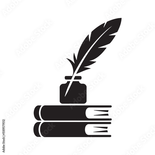 A Literary Still Life Quill Pen in Inkwell on Stack of Books Symbolizing Education and Knowledge