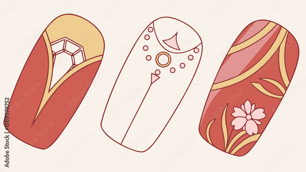 Fototapeta premium Red and gold nail art designs with geometric and floral patterns vector