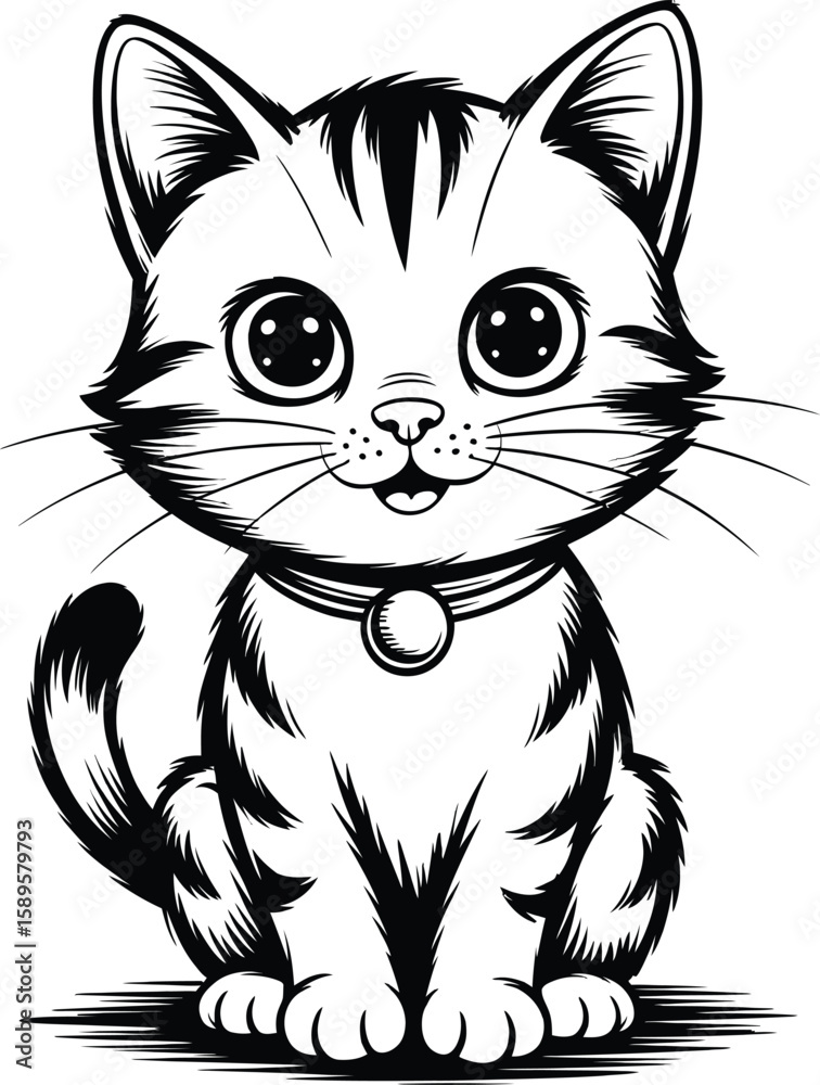 Obraz premium Crayon-style cute cat with playful colors in black and white vector illustration, isolated on white background