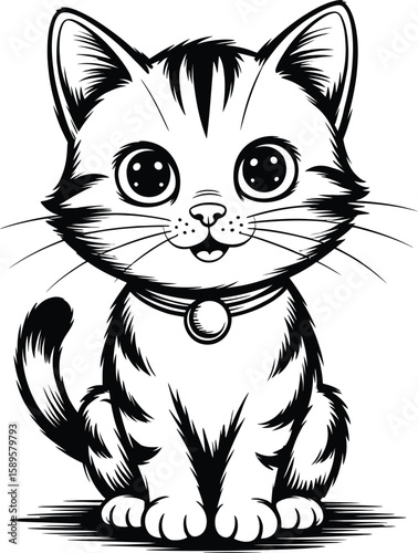 Crayon-style cute cat with playful colors in black and white vector illustration, isolated on white background