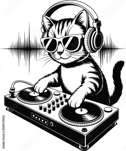 Dapper Cat Detective with Turntable – Black and White Vector Illustration