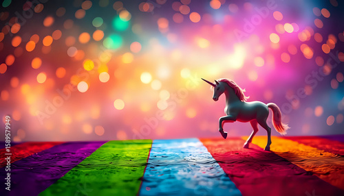 A unicorn prancing on a rainbow road with a bokeh background of orange and pink lights shining