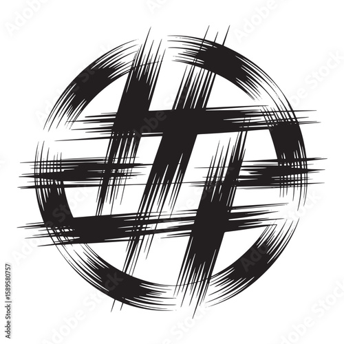 Abstract Circle with Overlapping Brush Strokes and Lines Creating a Graphic Design Element in Black and White