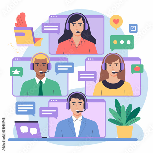 Illustration of a virtual call center team with diverse agents and chat bubbles in a digital space