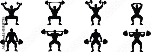 Muscular silhouettes performing weightlifting exercises fitness strength set, bundle, vector, isolated on white background, cutout, png, clipping path, transparent, image, download, 2025,2026