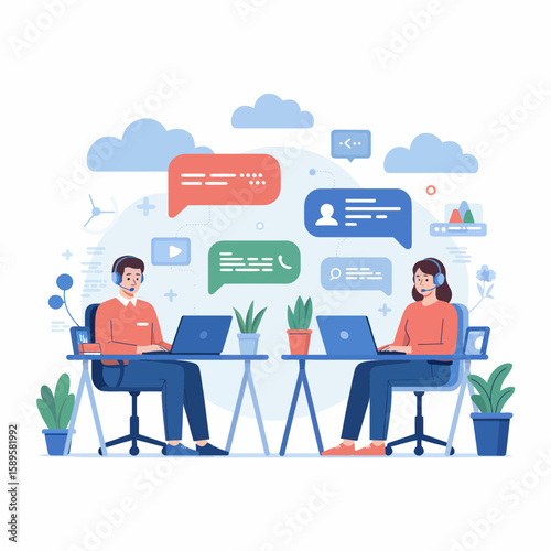 Illustration of two customer service agents working at desks with speech bubbles overhead online help