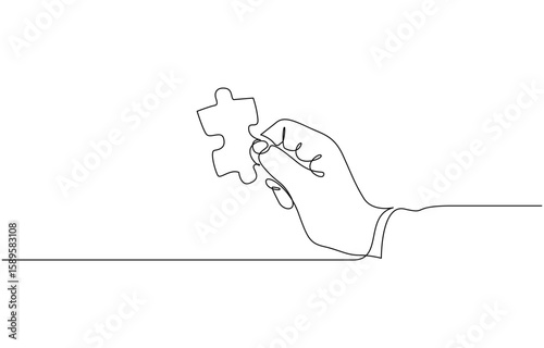Continuous one line drawing of hands and puzzle. Vector illustration, Single line drawing of Hand holding a jigsaw puzzle piece. Symbol of solution or unity.
