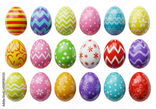 Twenty vibrant, colorful, 3D rendered, glossy easter eggs with intricate patterns in precise rows on a clean white background, ample copy space, bright studio lighting, slightly high angle shot,