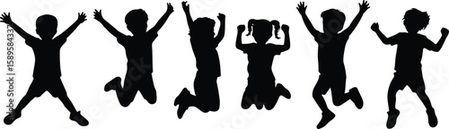 Children jumping silhouettes with arms raised in celebration kids black set, bundle, vector, isolated on white background, cutout, png, clipping path, transparent, image, download, 2025,2026