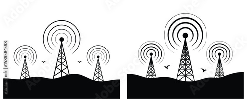 Black and white illustration of radio towers on hills with birds